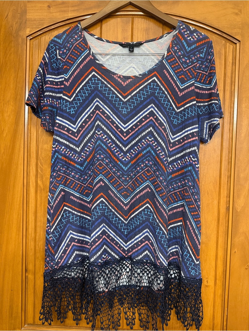 Signature Studio Navy Chevron Lace-Hem Tunic
